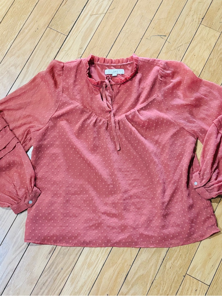 Loft Dusty Coral Swiss Dot Tie-Neck Blouse